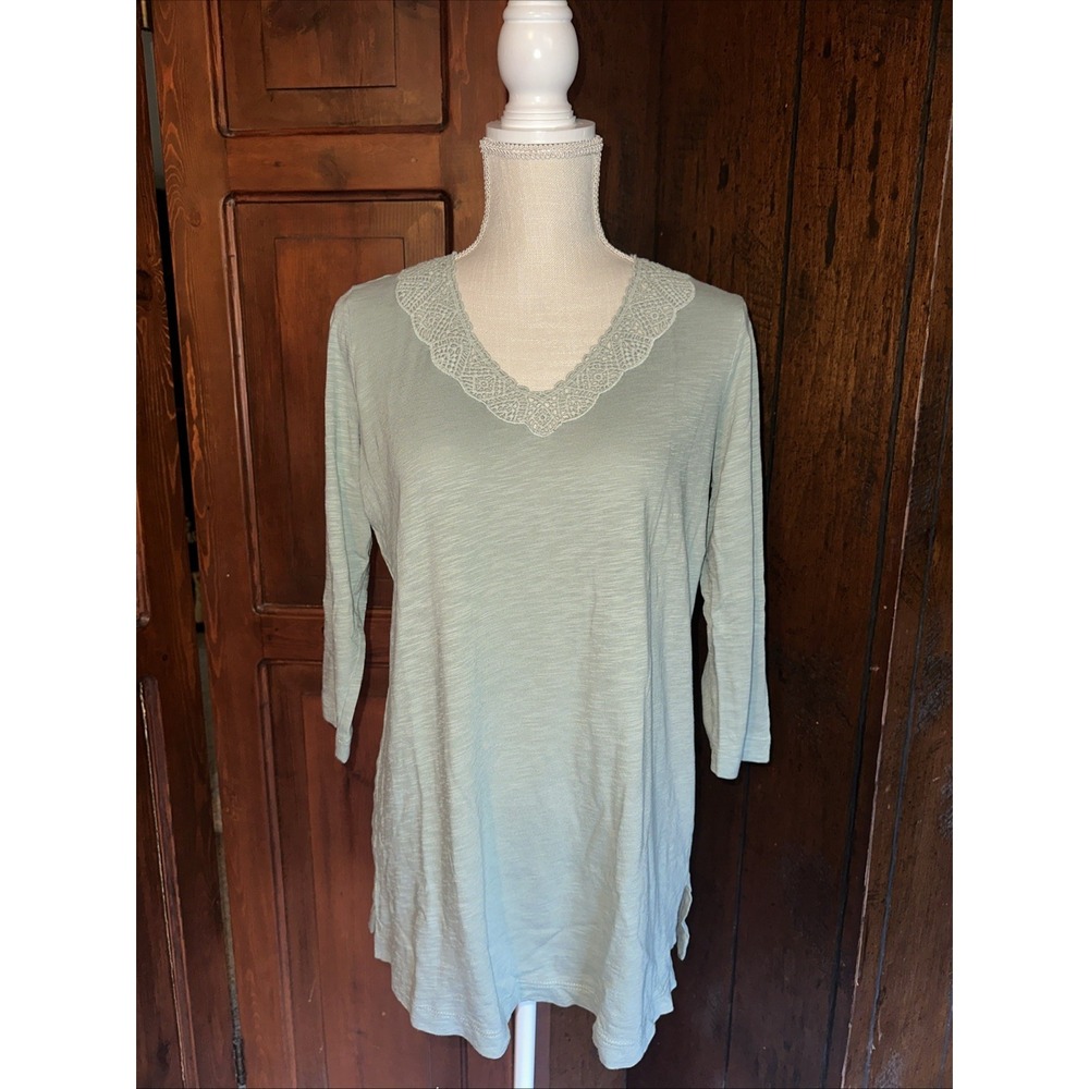 Womens J. Jill 3/4 Sleeve Top Crochet Lace Neckline‎ Mint Green Small